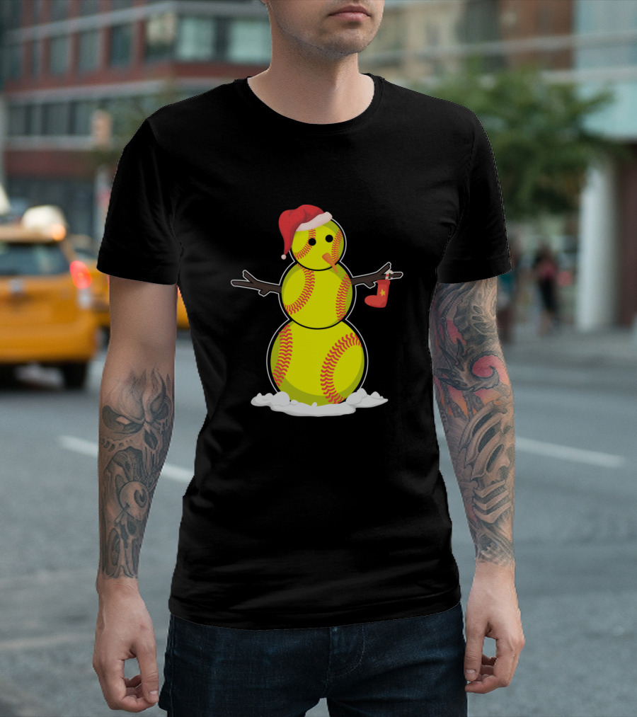 Softball Snowman Santa Hat Funny Christmas For Soft Player T-Shirt