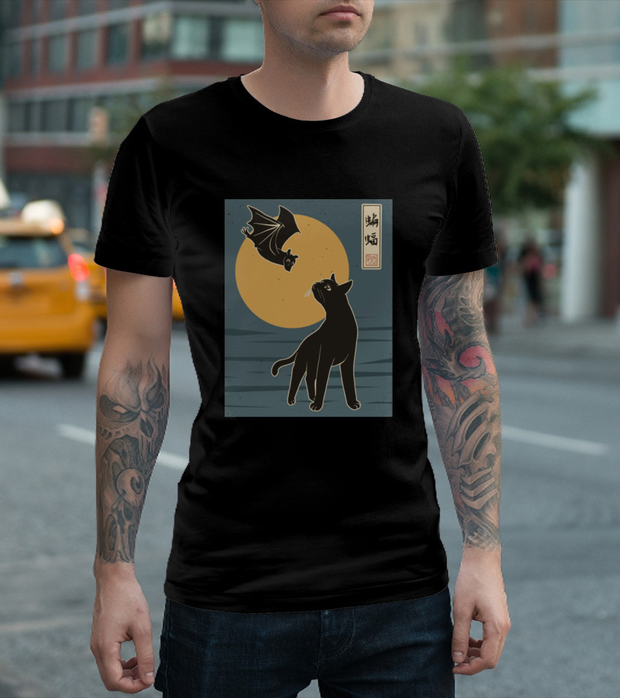 The Cat With Batty Under Full Moon Kanji T-Shirt