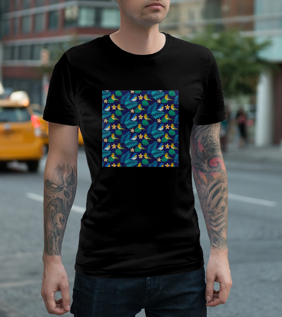 Tropical Leaves and Birds Hawaiian Style with Flowers T-Shirt