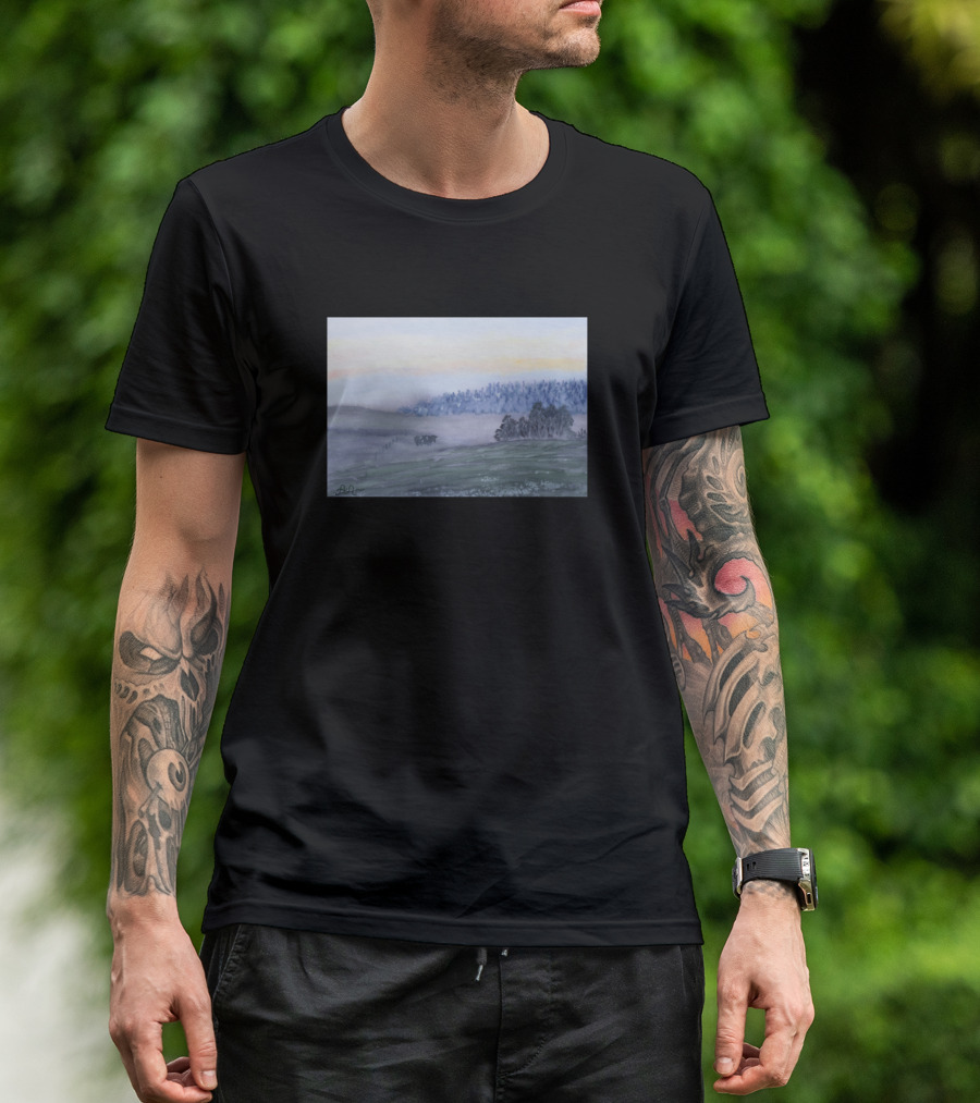A Cow In A Misty Landscape With Foggy Trees And Hills At Dawn T-Shirt