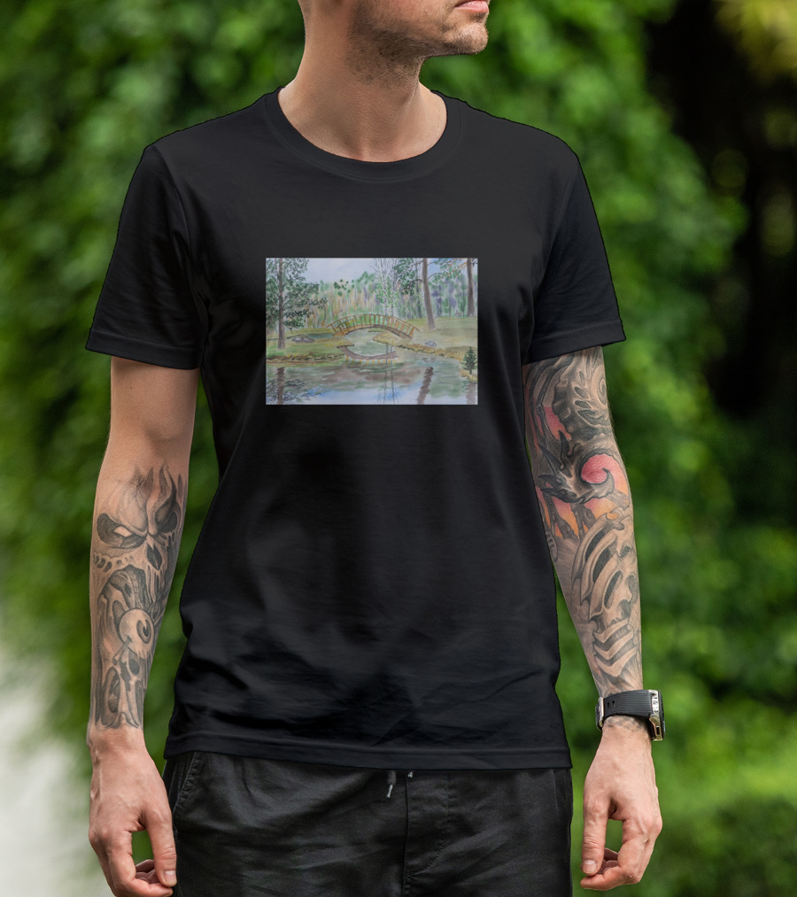 A Serene Pond Scene With Arched Wooden Bridge And Forest Reflections T-Shirt