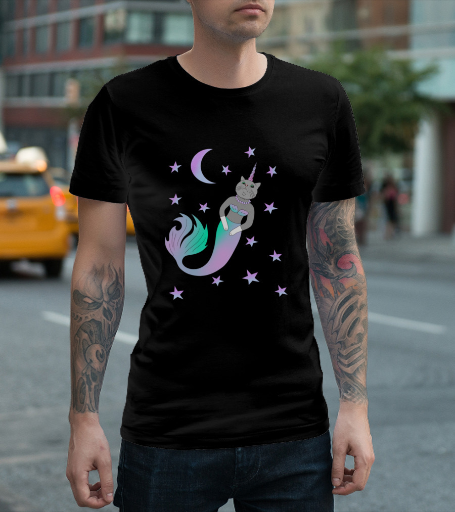 Cute Cat Unicorn Mermaid Fantasy in Space with Stars T-Shirt