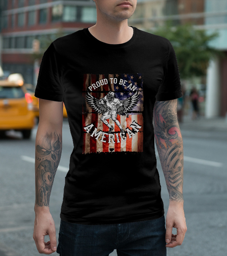Proud To Be An American Football Player with Wings and Flag Background T-Shirt