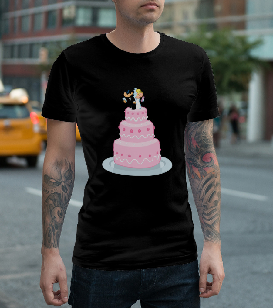 Bride And Groom On Pink Wedding Cake With Glue Reference T-Shirt