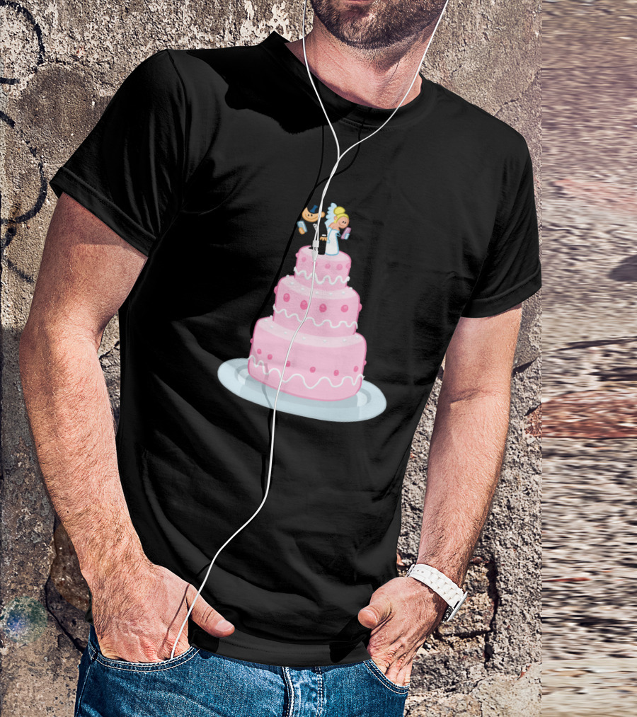 Bride And Groom On Pink Wedding Cake With Glue Reference T-Shirt