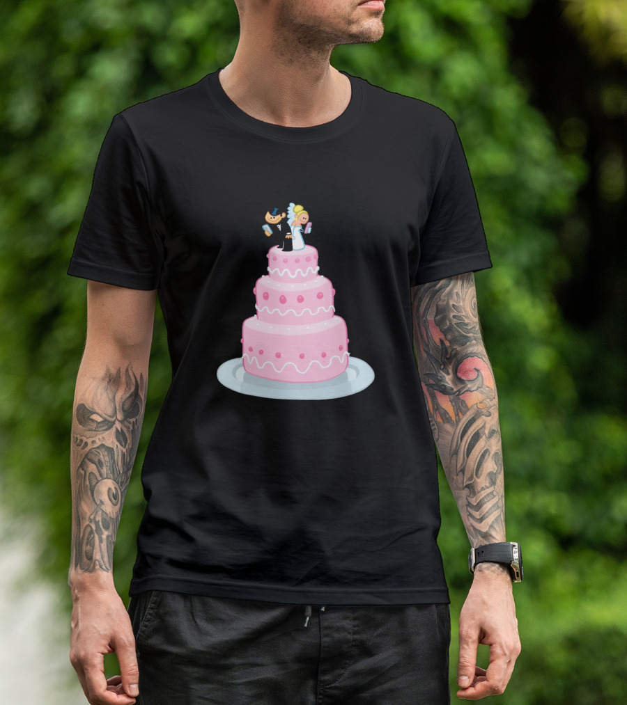 Bride And Groom On Pink Wedding Cake With Glue Reference T-Shirt