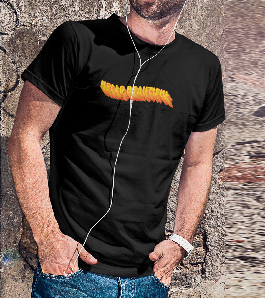 HELLO BEAUTIFUL Retro 3D Text Yellow-Orange Gradient T-Shirt
