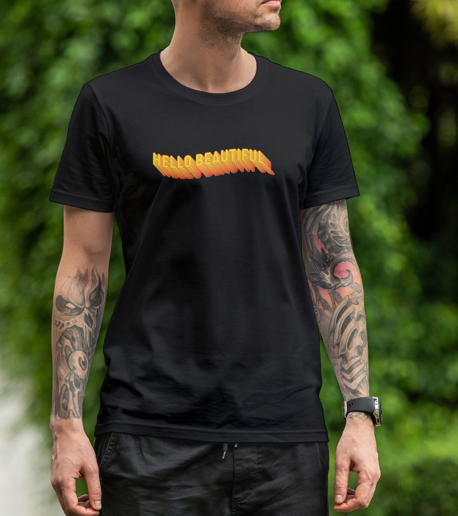 HELLO BEAUTIFUL Retro 3D Text Yellow-Orange Gradient T-Shirt