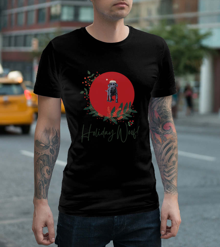 Holiday Woof Black Labrador Festive Santa Hat Red Circle T-Shirt