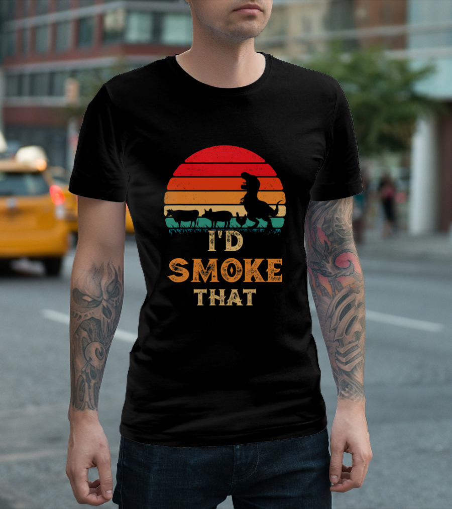 I'd Smoke That Vintage BBQ Meat Smoker Grill Dinosaur Retro Sunset T-Shirt