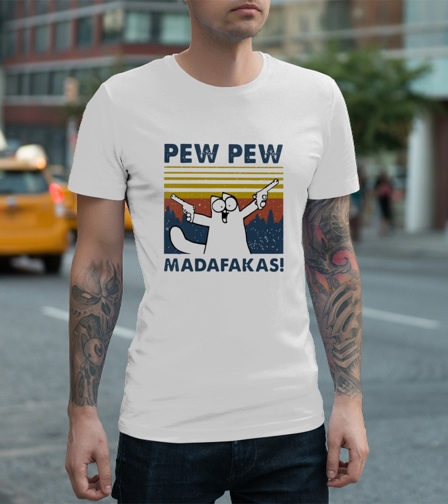 PEW PEW MADAFKAS Cat with Guns Retro Sunset Forest T-Shirt