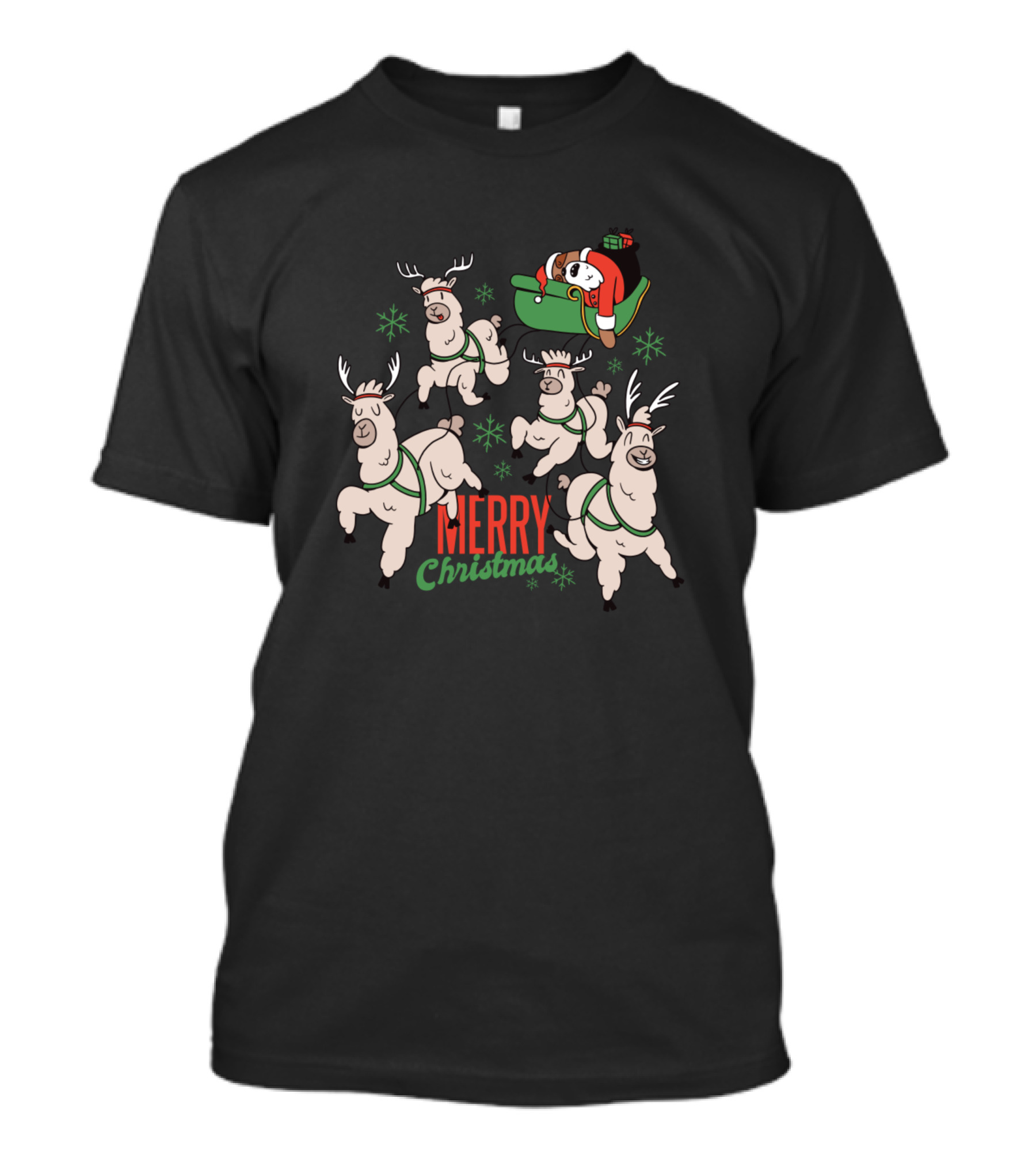 Merry Christmas Sloth Santa In Sleigh With Reindeer And Snowflakes T-Shirt