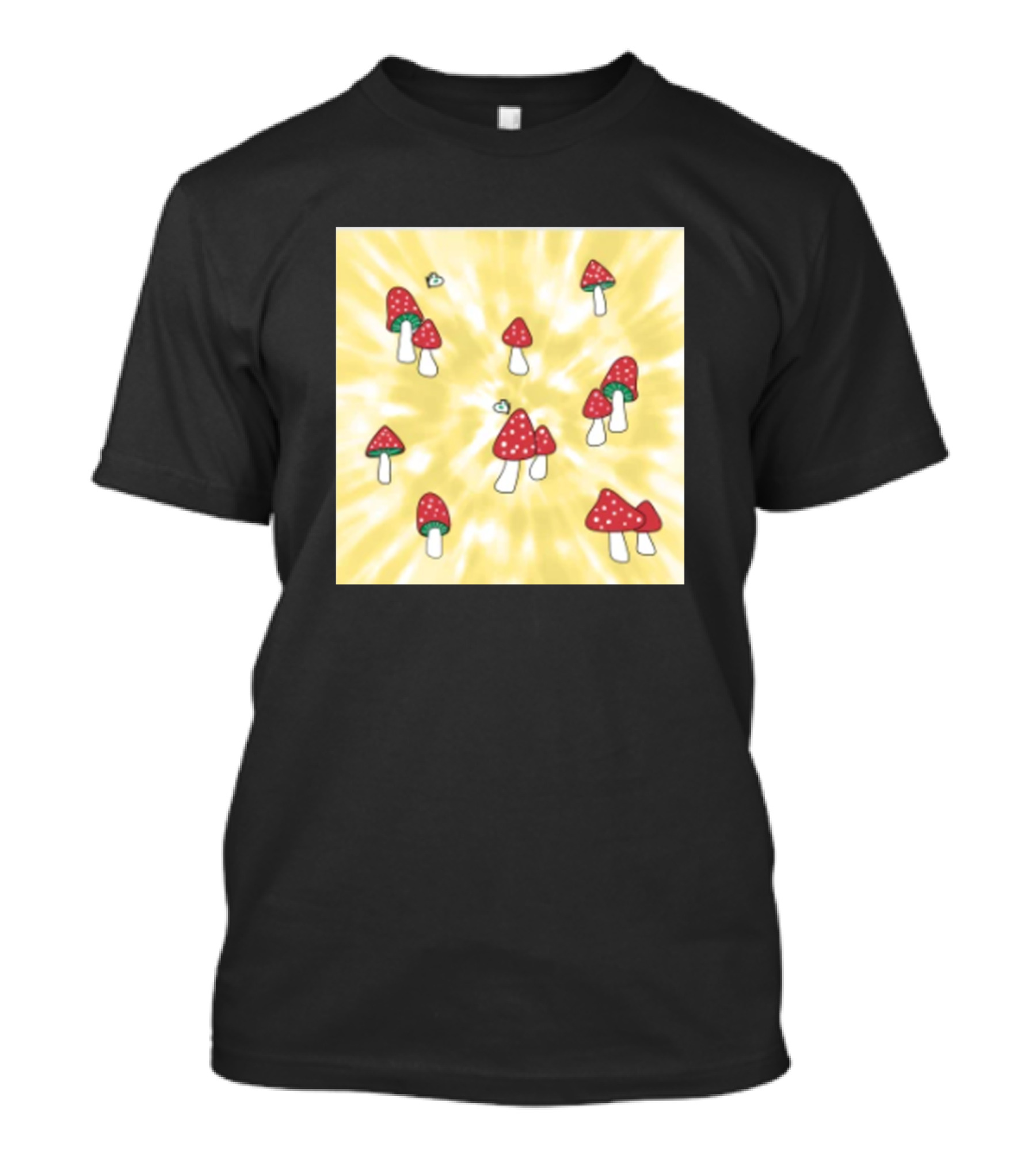 Aesthetic Red Hatted Mushrooms On Yellow Tie-Dye T-Shirt