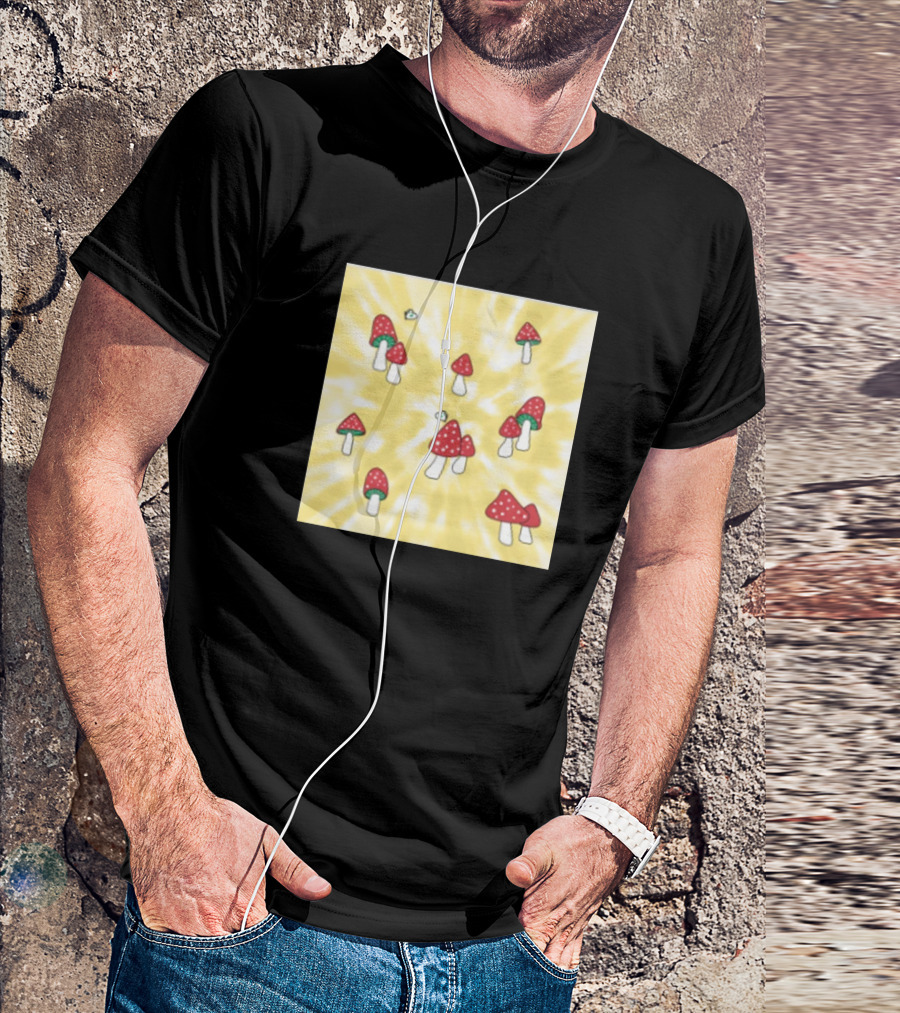 Aesthetic Red Hatted Mushrooms On Yellow Tie-Dye T-Shirt
