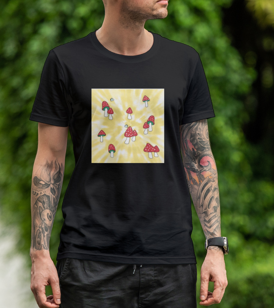 Aesthetic Red Hatted Mushrooms On Yellow Tie-Dye T-Shirt