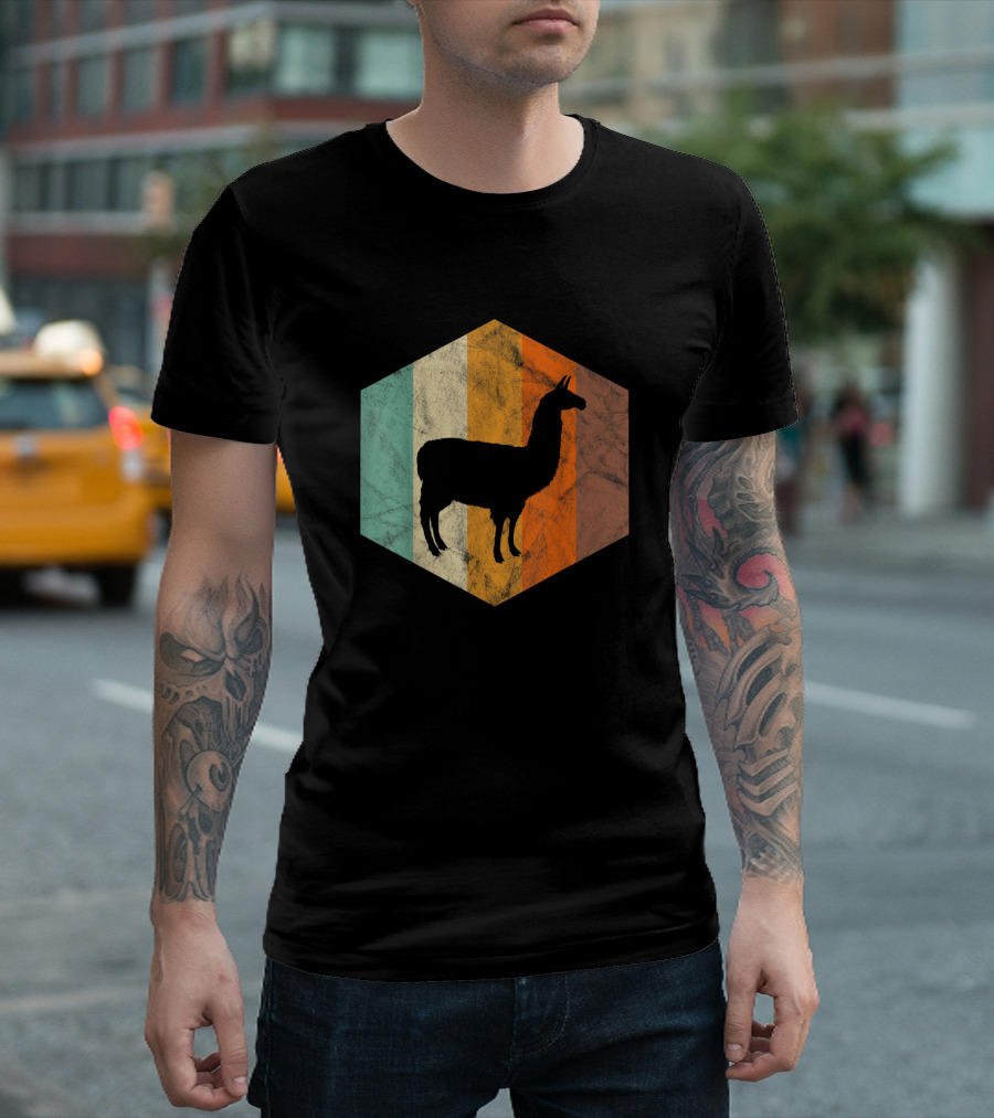 Alpaca Retro Vintage Llama Silhouette Hexagon Multicolor Stripe T-Shirt