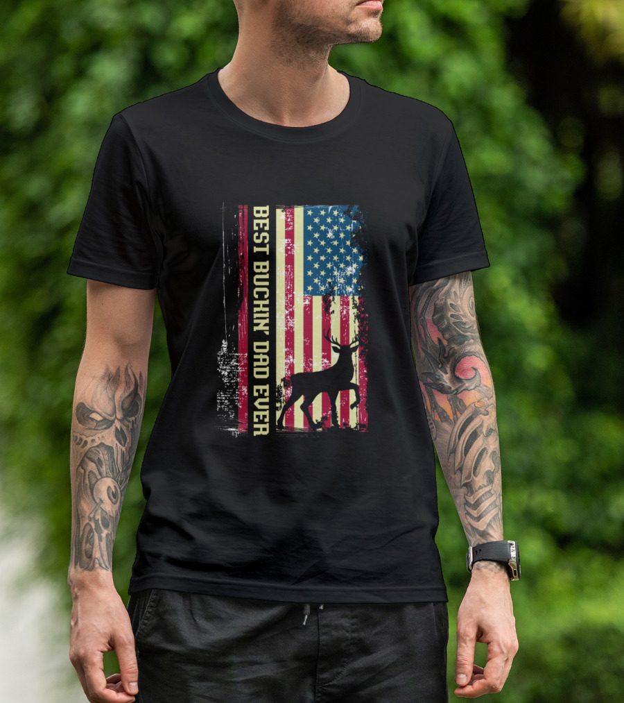 Best Buckin Dad Ever Hunting US Flag Deer Hunter T-Shirt