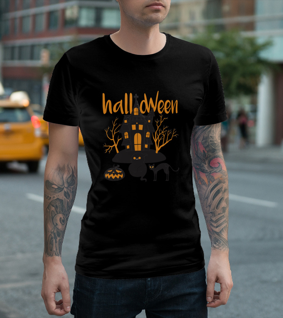 Halloween Cats Funny Kitty Meow Spooky House T-Shirt
