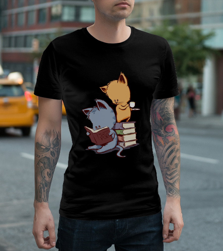 Cats Kittens Tea Books Funny Cat Kitty Poe T-Shirt