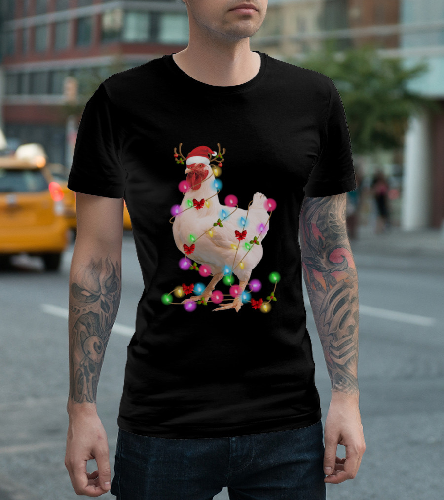Santa Hat Chicken with Christmas Lights and Antlers T-Shirt