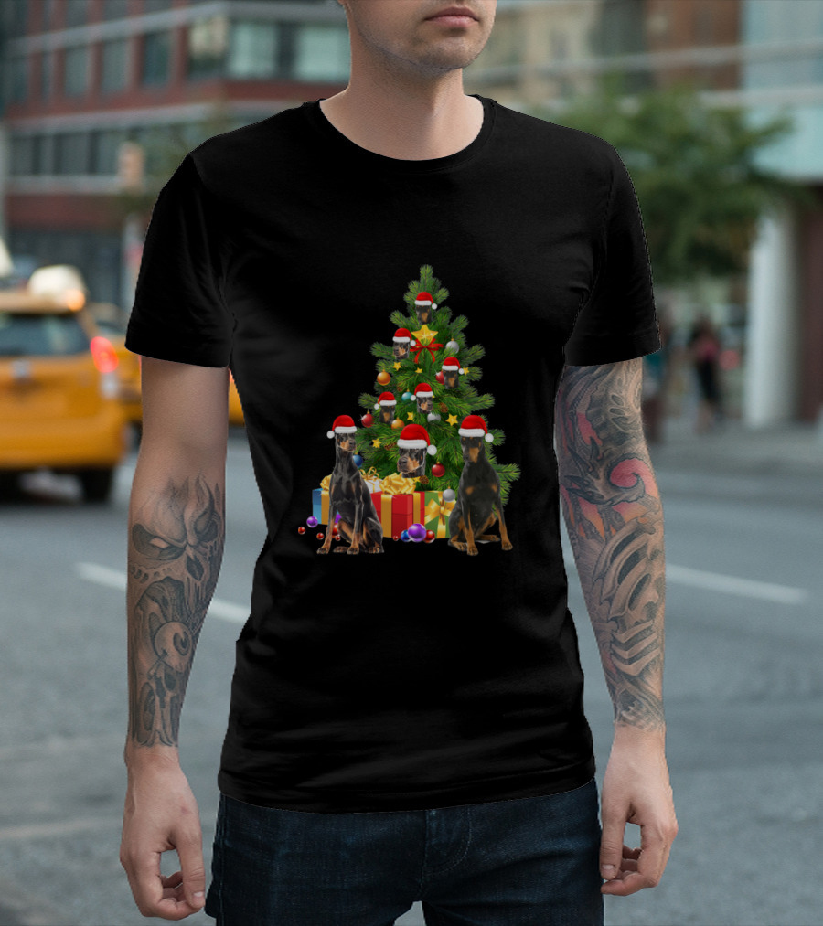 Doberman Dogs in Santa Hats with Christmas Tree and Gifts T-Shirt