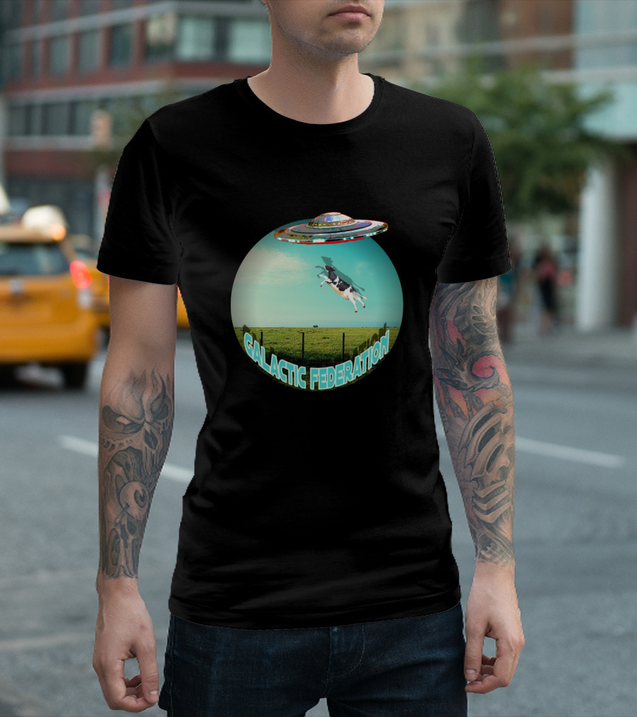 Galactic Federation UFO Cow Abduction Mid Air Scene T-Shirt