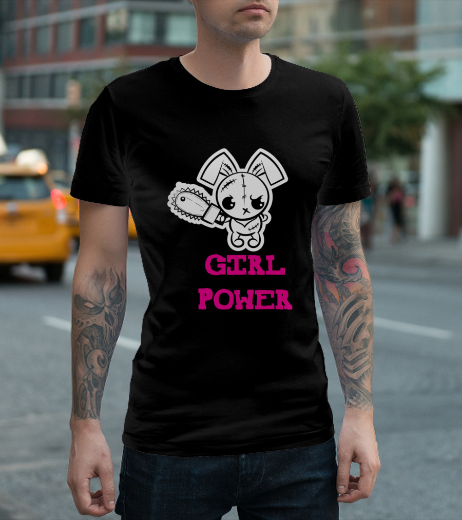 Girl Power Grumpy Voodoo Bunny with Chainsaw T-Shirt