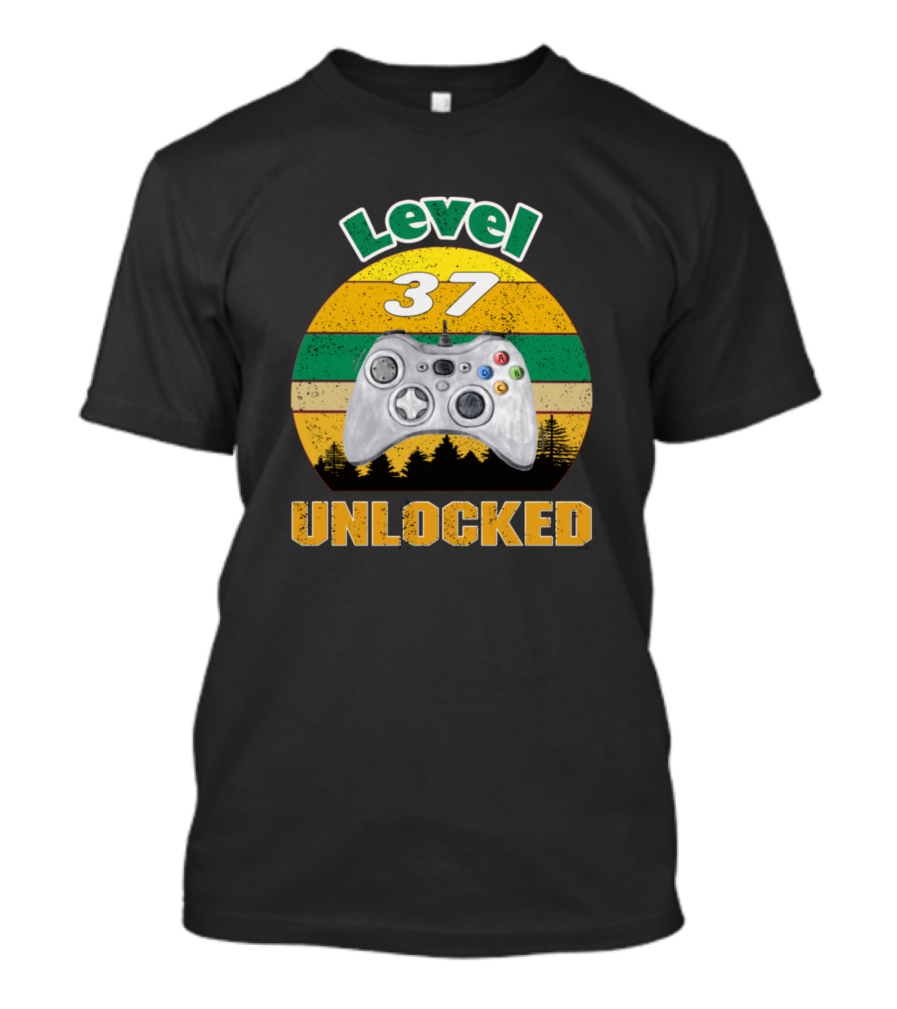 Level 37 Unlocked Retro Gaming Controller Forest Scene T-Shirt