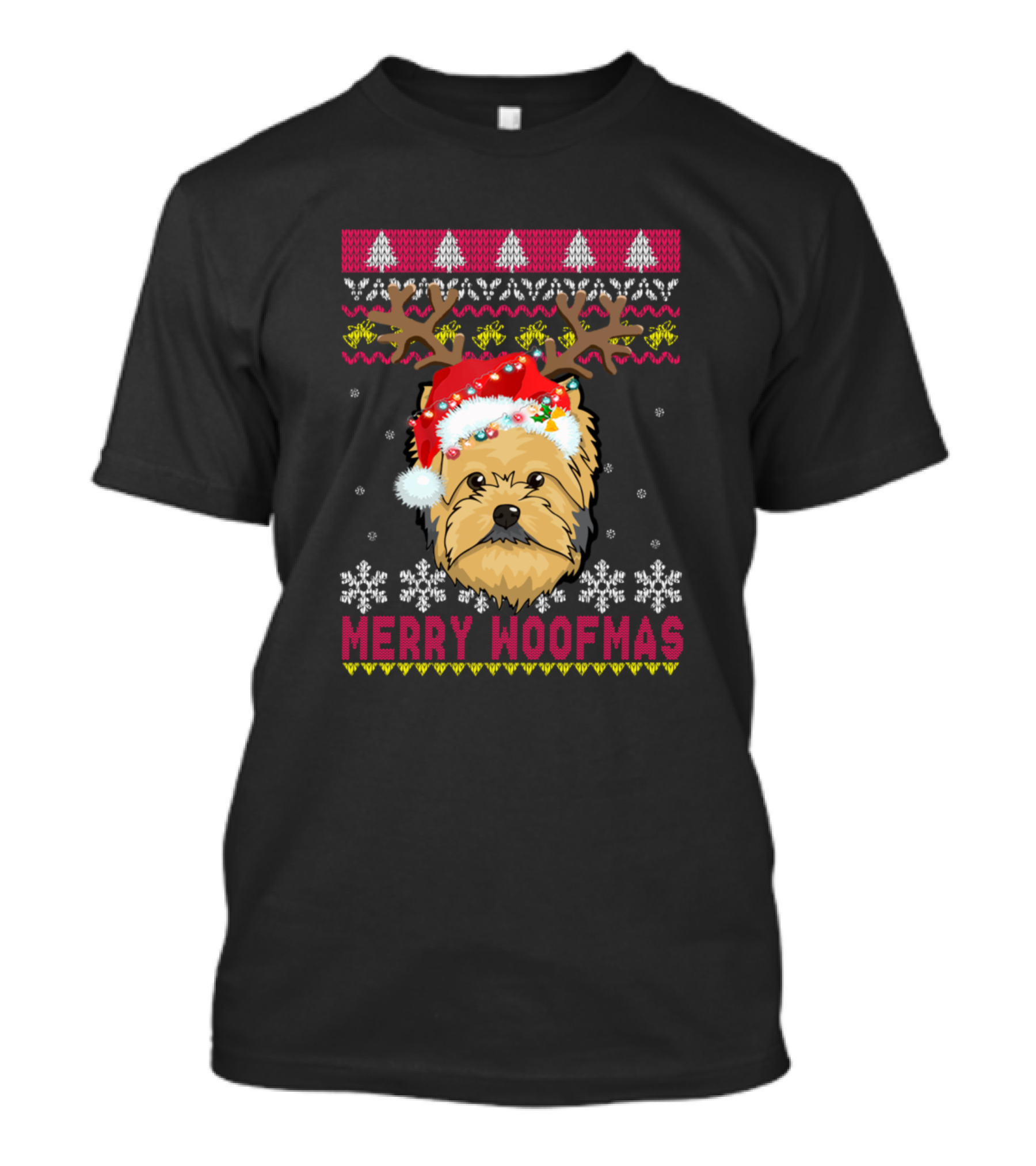 Merry Woofmas Cairn Terrier Santa Hat Antlers Christmas Sweater Snowflakes Trees T-Shirt