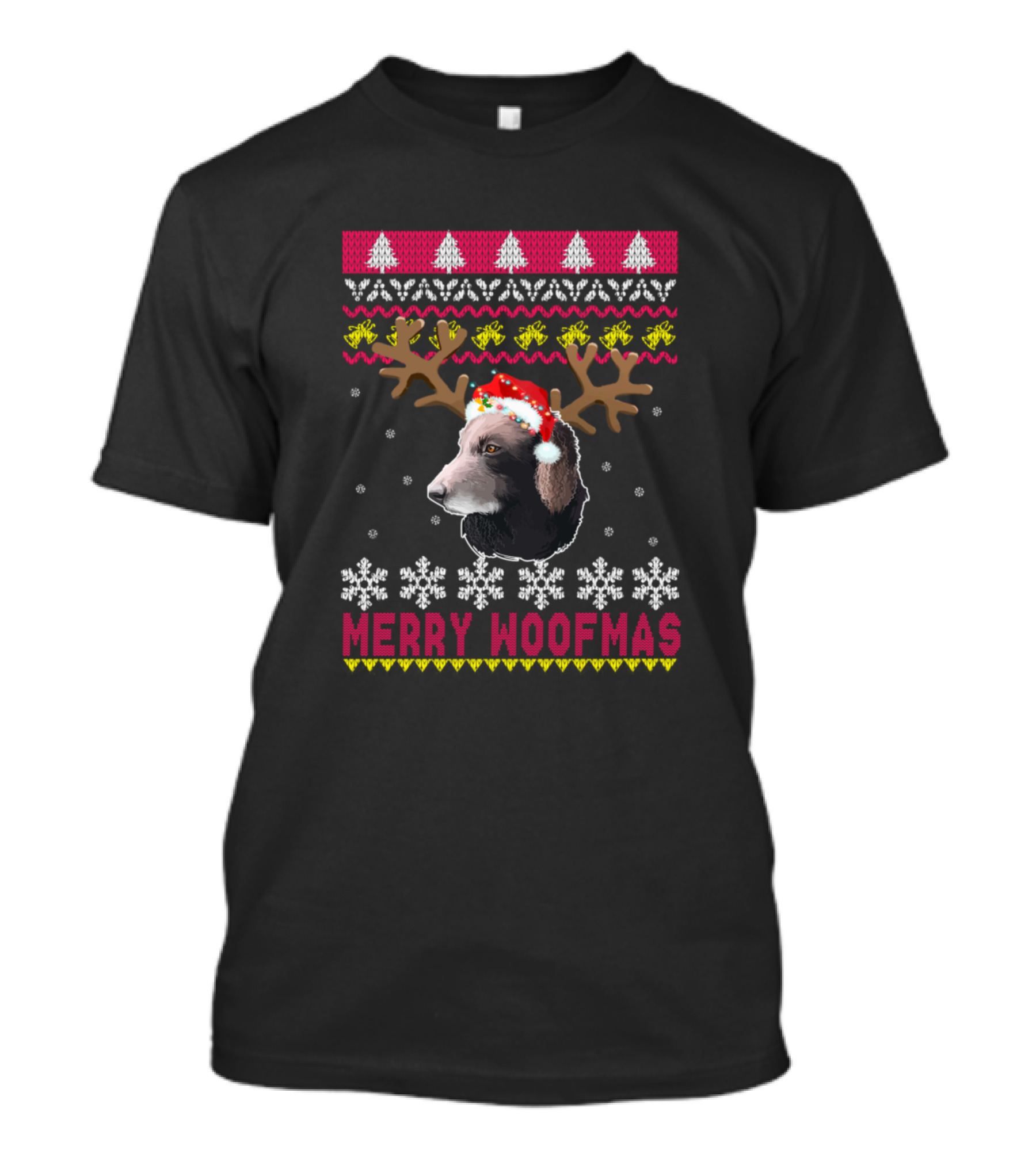 Merry Woofmas Curly Coated Retriever Snowflakes Antler Christmas T-Shirt