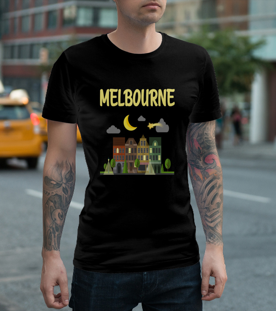 Melbourne Night City Moon and Stars Scene T-Shirt
