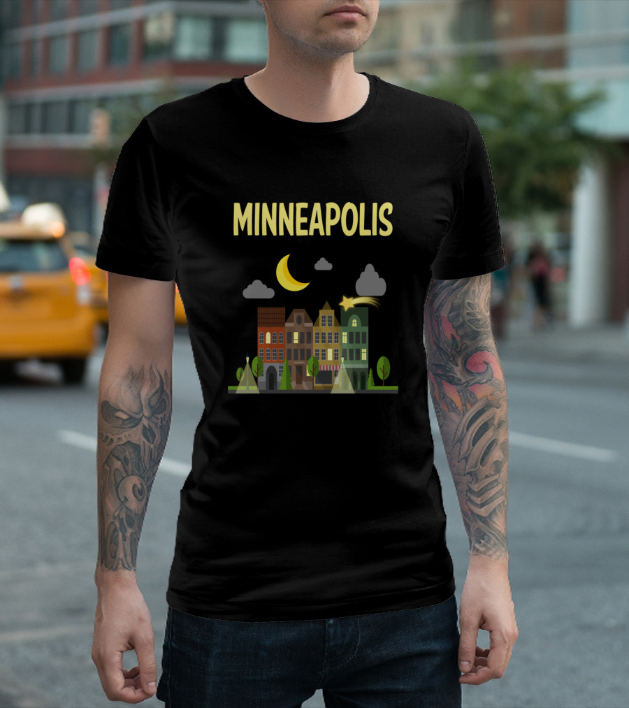Minneapolis Night Cityscape Crescent Moon And Stars T-Shirt