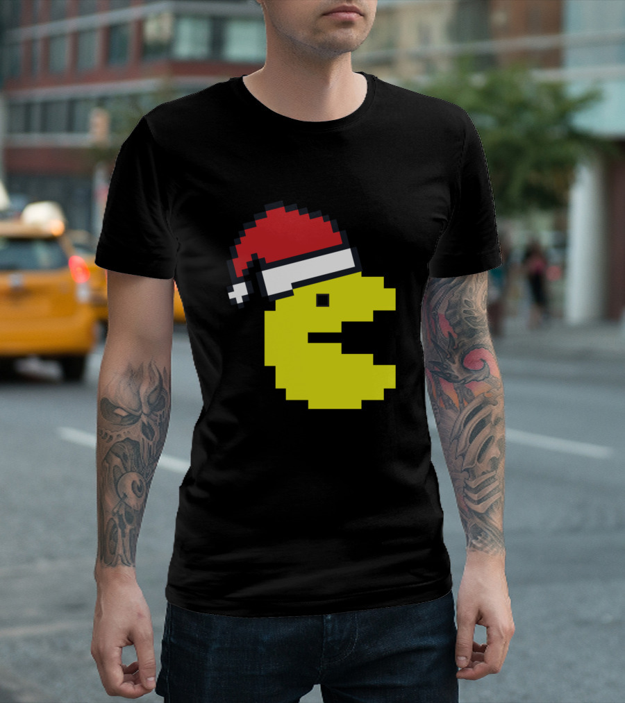 Pacman Wearing Santa Claus Hat Retro Style Holiday Pixel T-Shirt