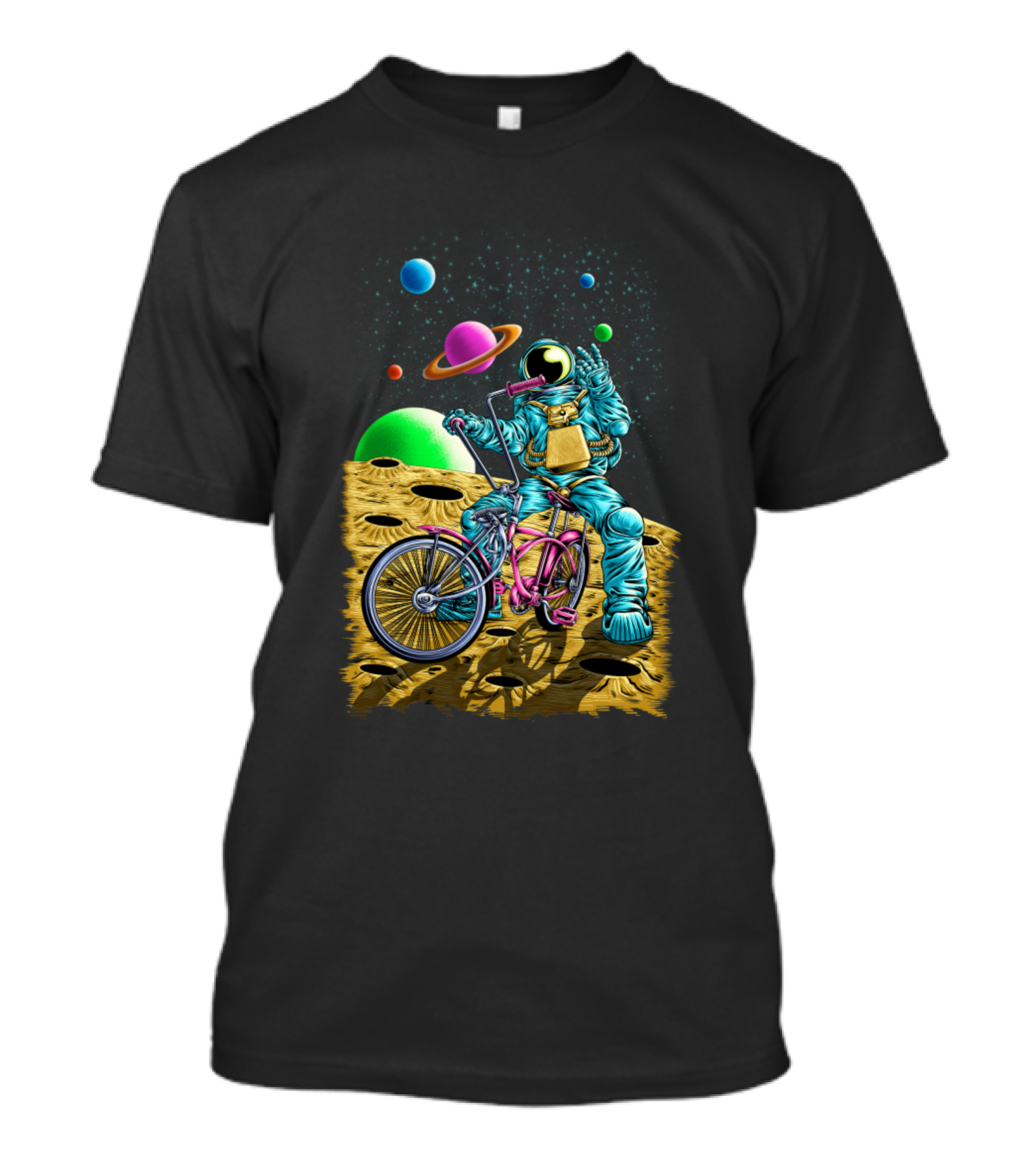 Pedalnaut Astronaut Biking On Moon With Planets In Space Background T-Shirt