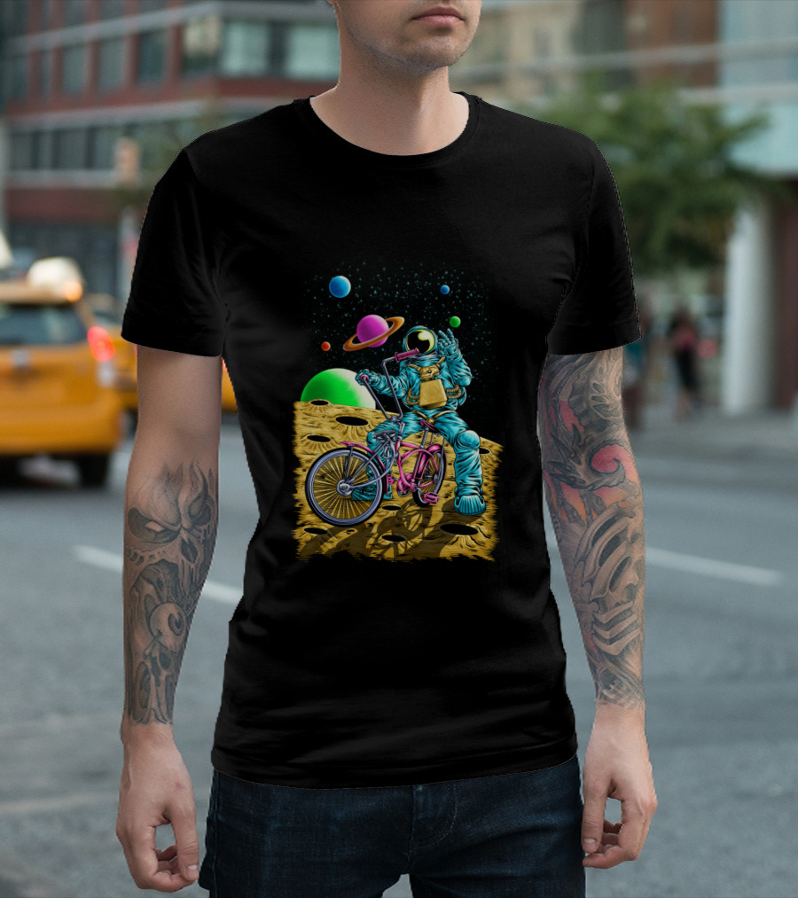 Pedalnaut Astronaut Biking On Moon With Planets In Space Background T-Shirt