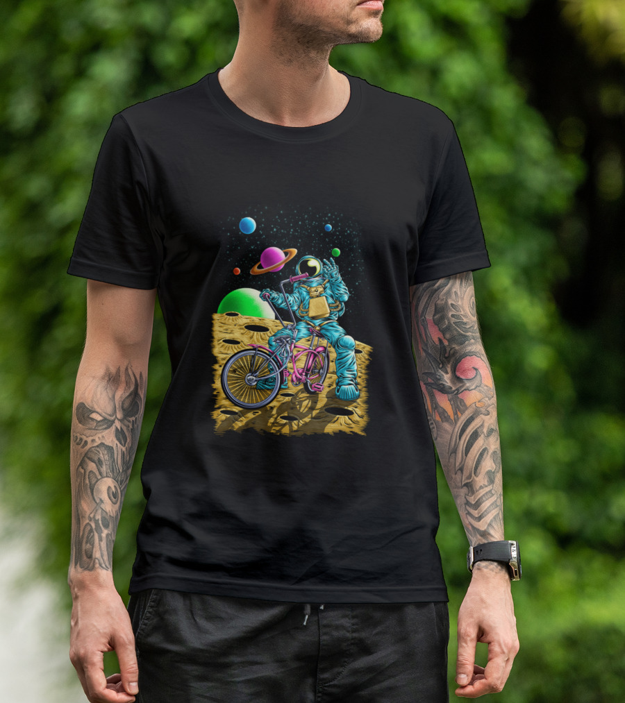 Pedalnaut Astronaut Biking On Moon With Planets In Space Background T-Shirt