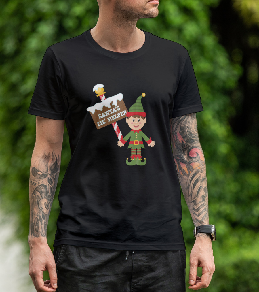 Santa's Lil Helper Boy Elf With Candy Cane Sign T-Shirt