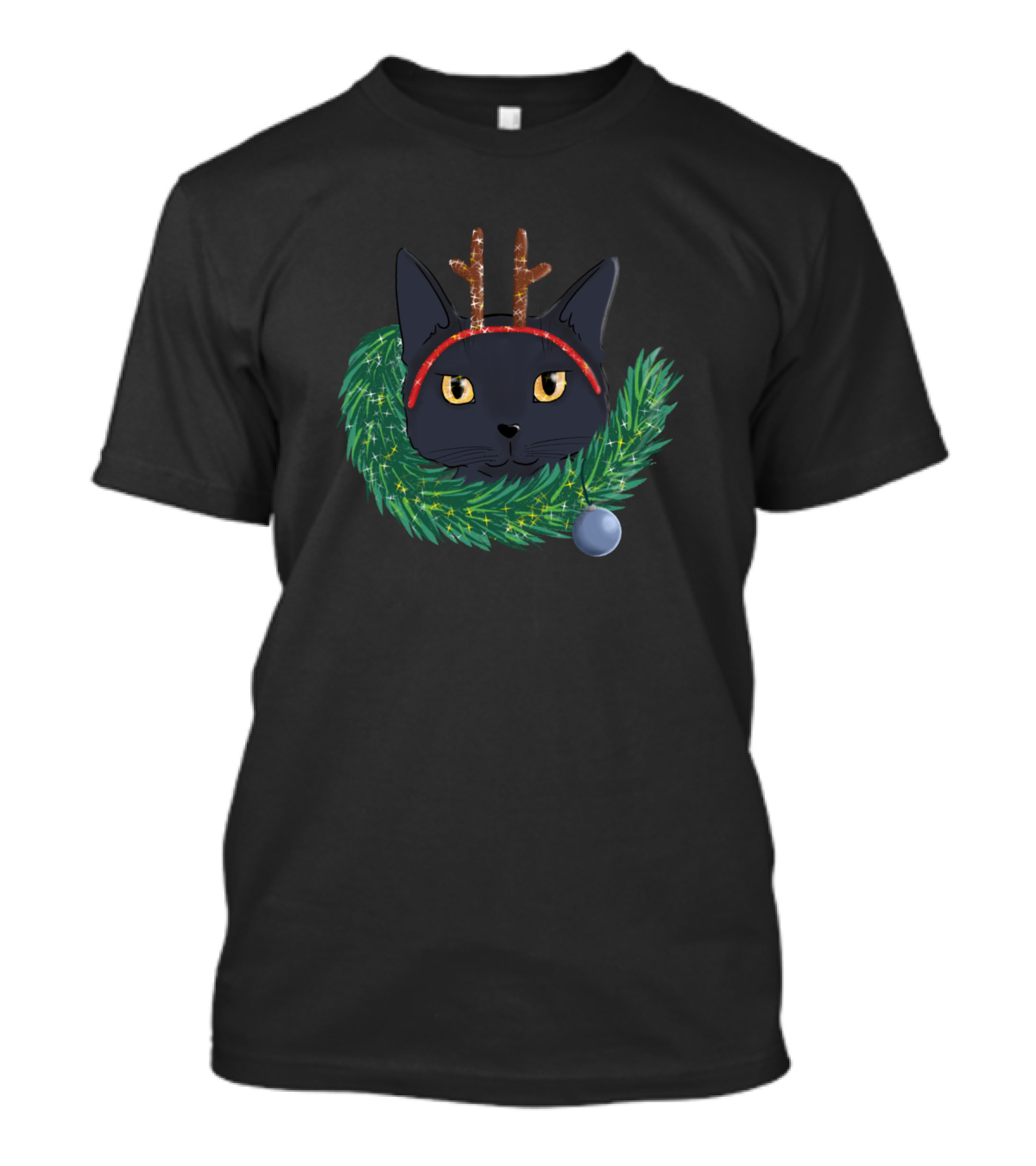 Black Cat With Antlers And Christmas Wreath T-Shirt