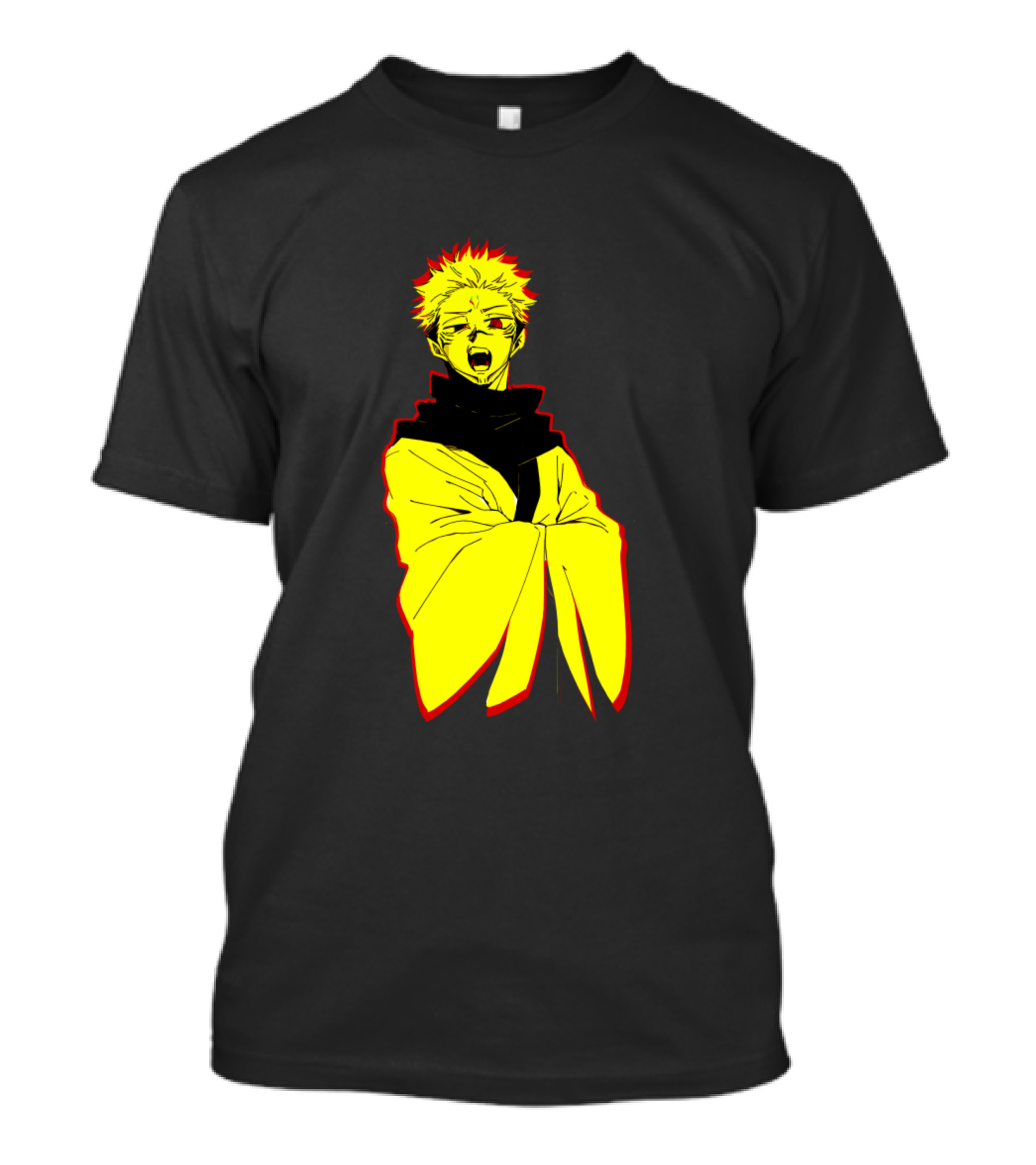 Sukuna Jujutsu Kaisen Anime Character Illustration In Bold Yellow And Red Contrast T-Shirt