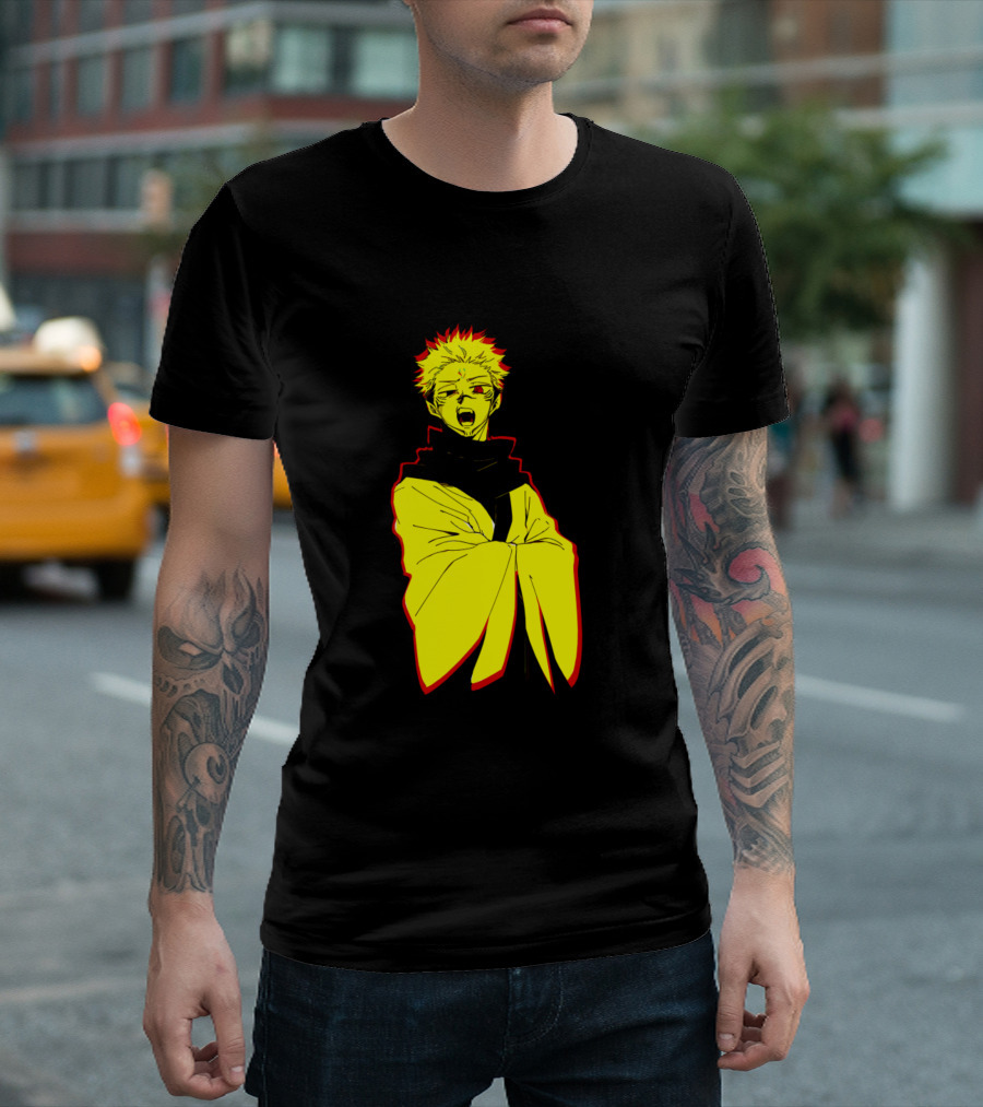 Sukuna Jujutsu Kaisen Anime Character Illustration In Bold Yellow And Red Contrast T-Shirt