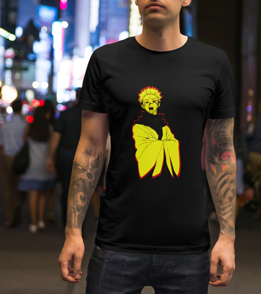 Sukuna Jujutsu Kaisen Anime Character Illustration In Bold Yellow And Red Contrast T-Shirt