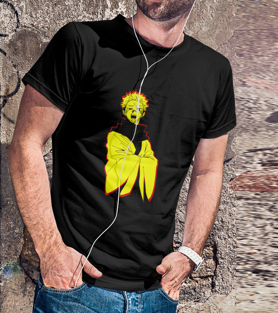 Sukuna Jujutsu Kaisen Anime Character Illustration In Bold Yellow And Red Contrast T-Shirt