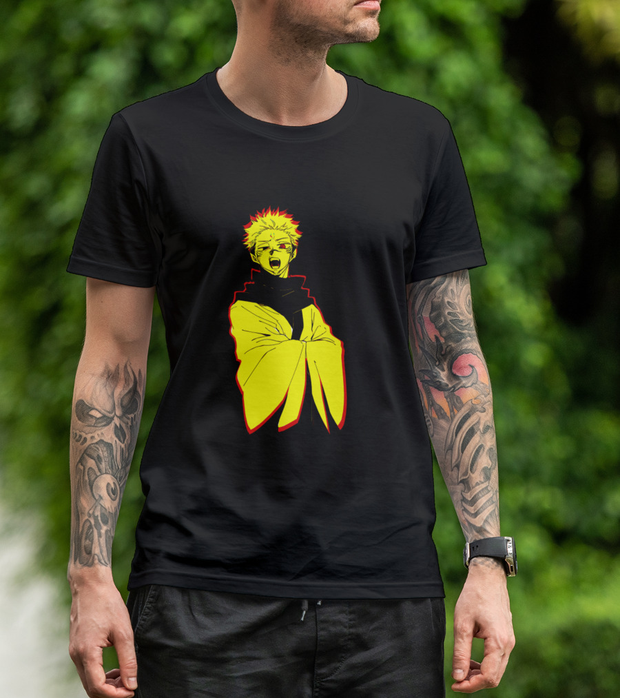 Sukuna Jujutsu Kaisen Anime Character Illustration In Bold Yellow And Red Contrast T-Shirt