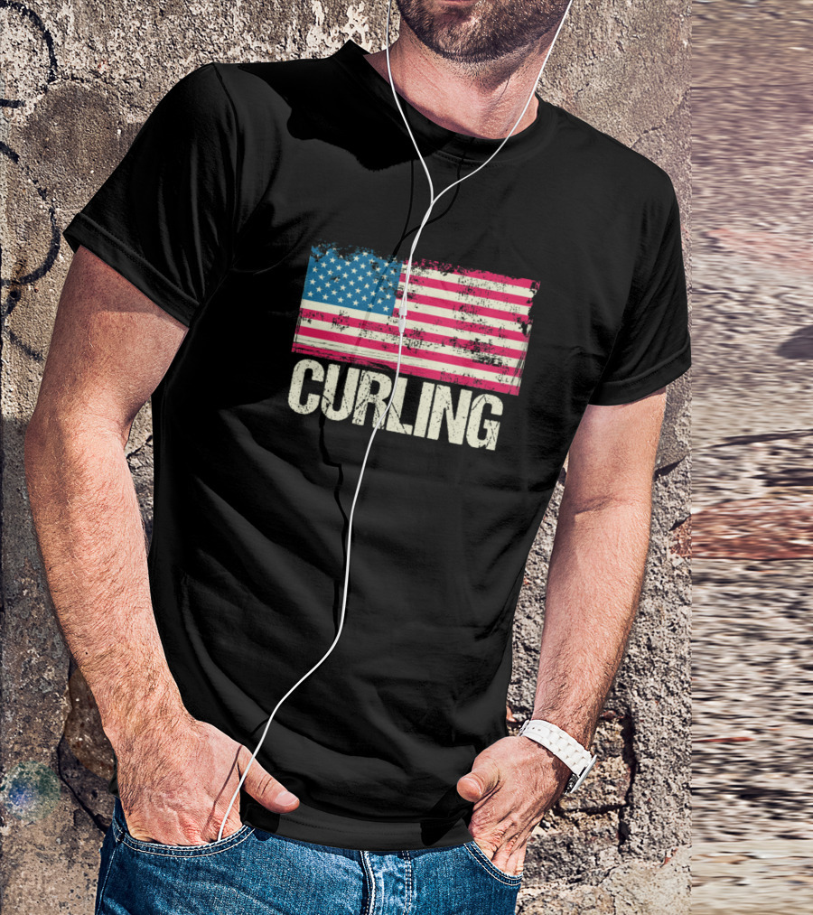 Vintage USA Flag Curling Iconic Sports Emblem T-Shirt