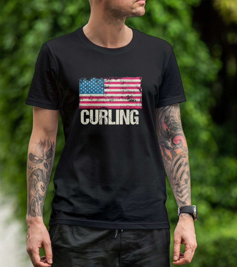 Vintage USA Flag Curling Iconic Sports Emblem T-Shirt