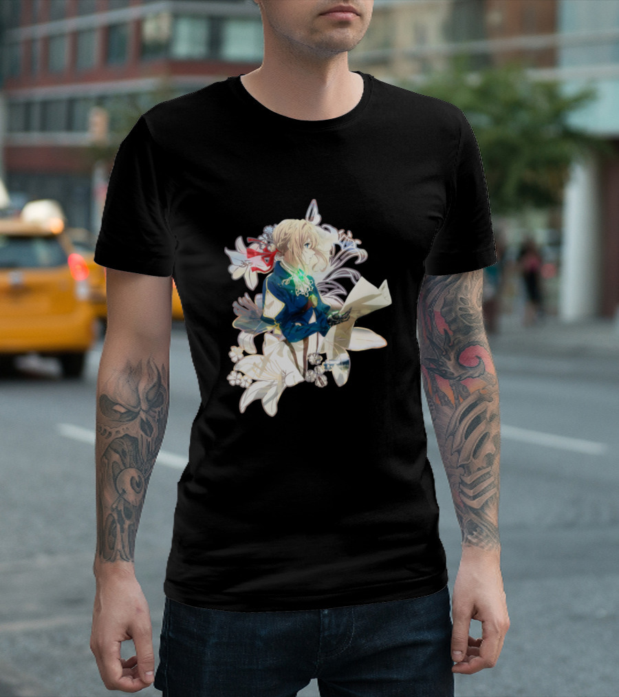 Violet Evergarden Floral Anime Character Reading Letter T-Shirt