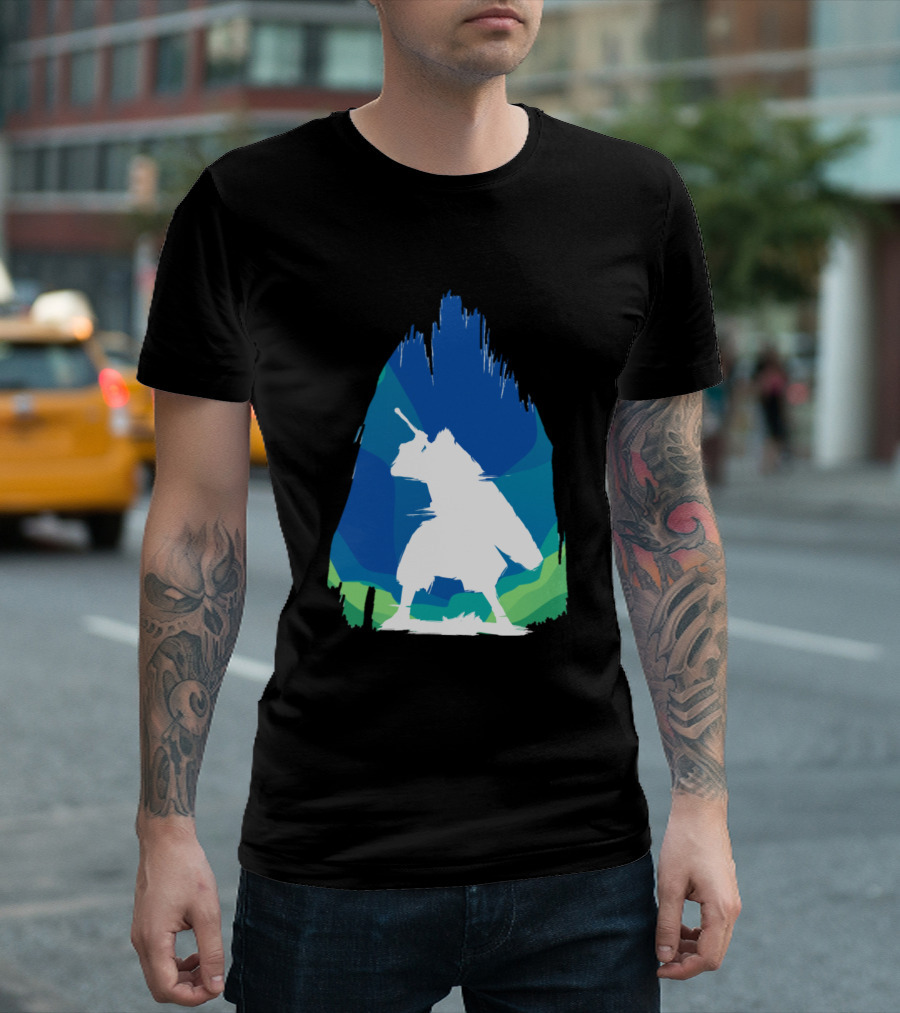 Warrior From Ocean Samurai Silhouette in Blue and Green Cave T-Shirt