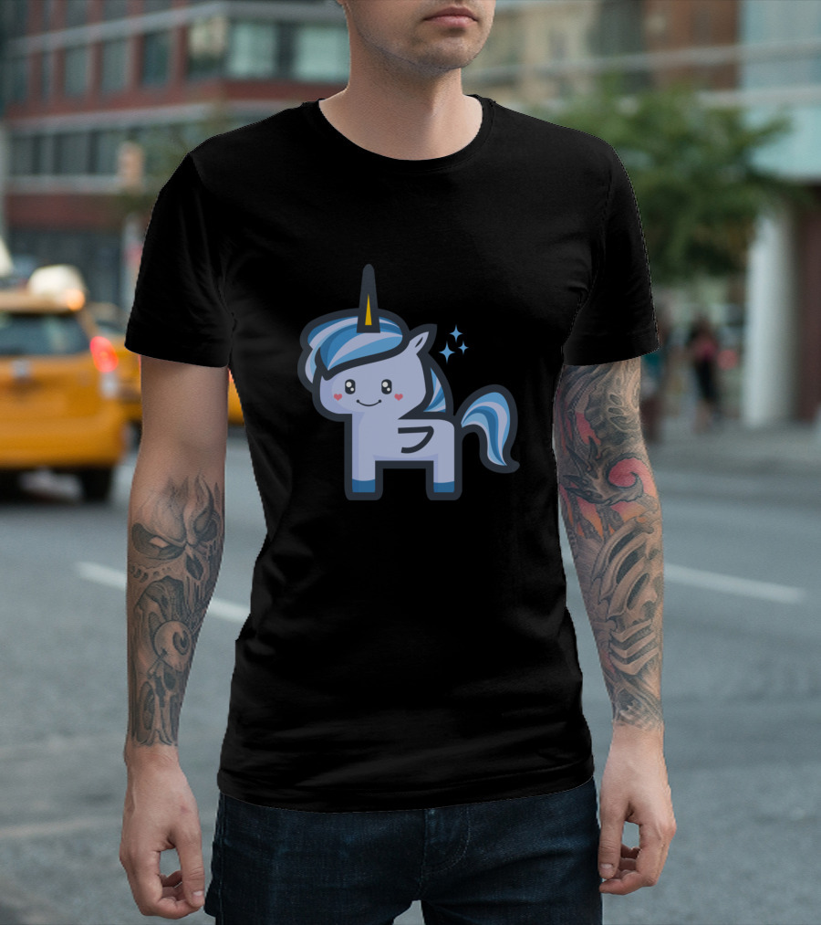Baby Blue Unicorn Kawaii Charm with Sparkles and Yellow Horn T-Shirt