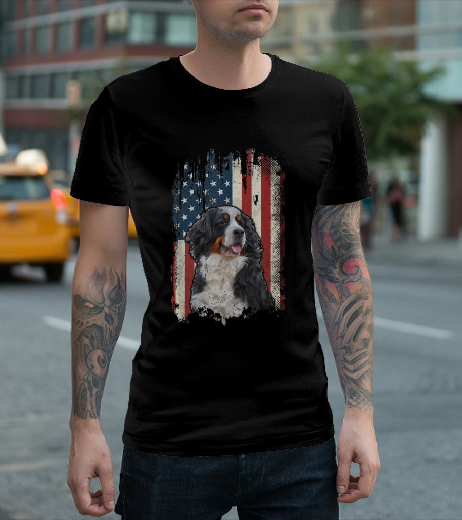 Bernese Mountain Dog with American Flag USA Patriotic T-Shirt