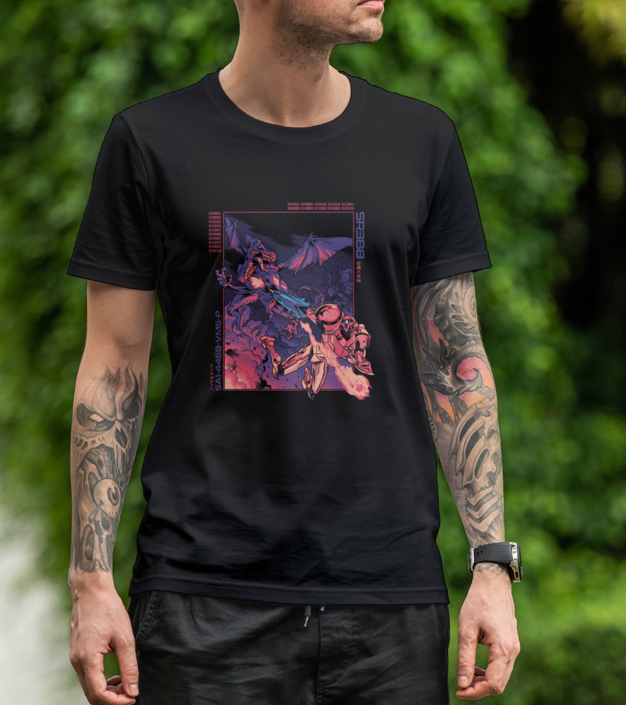 SR388 SA-X486-VMG-P Retro Bounty Hunter Facing Dragon Fiery Encounter T-Shirt